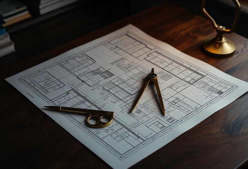 Architectural blueprints and brass compass on a dark wood desk